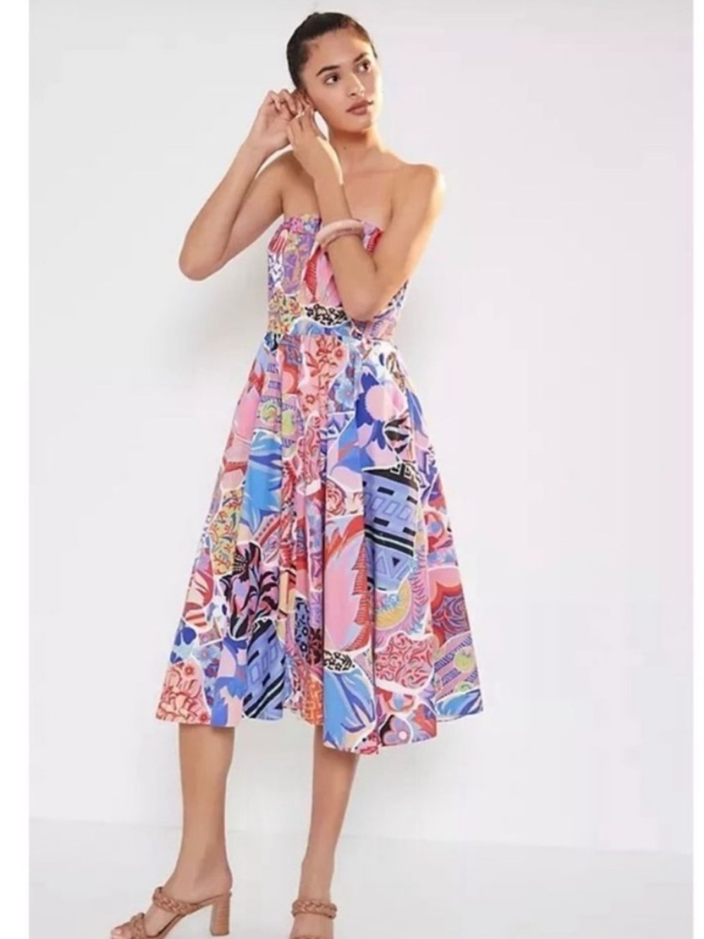 NWT Anthropologie Painterly Poplin Strapless Midi Dress